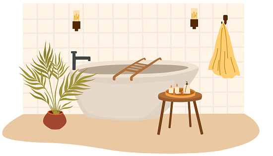 Bathroom interior. Bath, towel on a hanger, table with candles, carpet, houseplant. Flat vector illustration isolated on white background