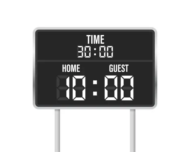 Vector illustration of Scoreboard. Number count timer numeric down date mechanic panel countdown stadium match goal football sport game draw, vector design. Vector illustration