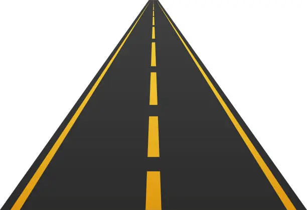 Vector illustration of Straight asphalt road with yellow markings. Roadway trip symbol. Perspective highway traffic with vertical lines. Isolated on white background. Vector illustration