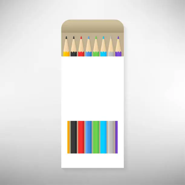 Vector illustration of Open box of colored pencils. Template, clipart or layout design for graphics - web, app, branding, advertising. Isolated on a white background. Vector illustration