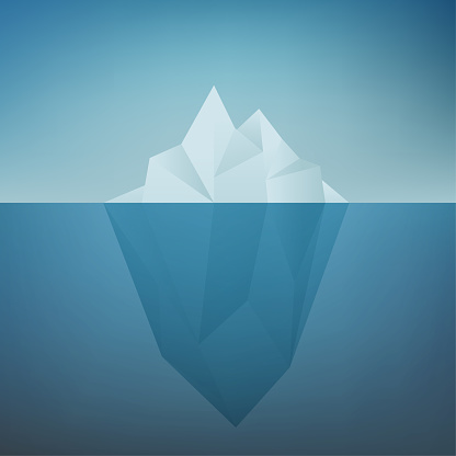 Iceberg floating in ocean illustration. Huge white block of ice drifts along blue current with massive underwater part an arctic rock breakaway from northern antarctic coast. Vector illustration