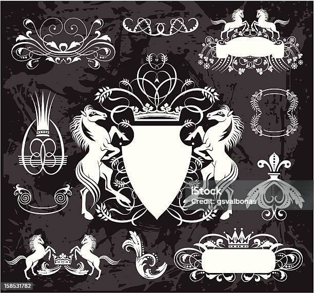 Elegant Heraldic Set With Horses And Floral Elements Stock Illustration - Download Image Now