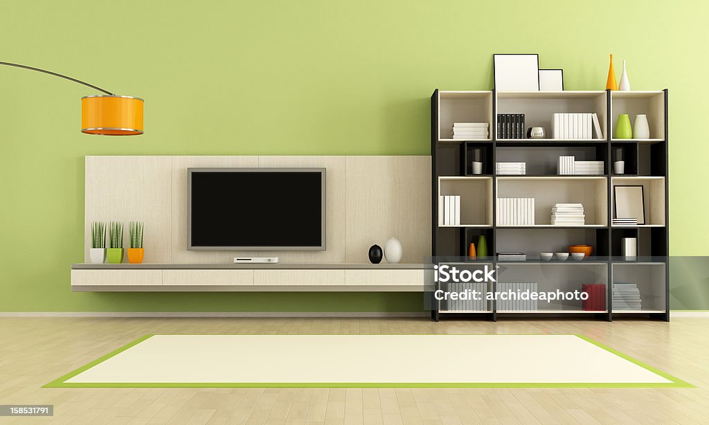 green  living room green  living room with tv stand and bookcase - rendering Apartment Stock Photo