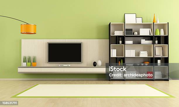 Green Living Room Stock Photo - Download Image Now - Apartment, Book, Bookshelf