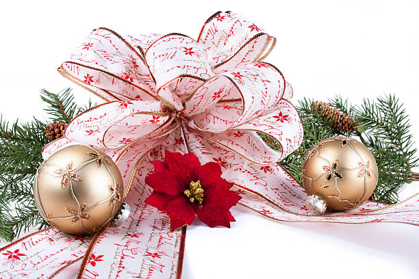 Christmas bow, ornaments, flower, pine branch isolated on white