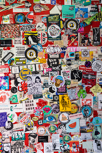 Close up of many stickers on wall, Berlin Prenzlauer Berg