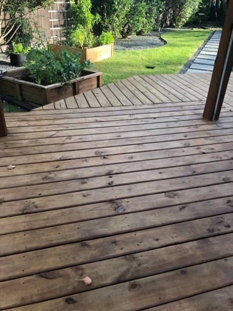 istock Wooden deck with box gardens and slate path in background 1585327584