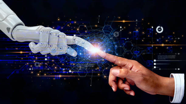 istock AI, Machine learning, Hands of robot and human touching the big data exchange with analog and digital transformation algorithms, artificial intelligence technology, innovation futuristic business. 1585332833