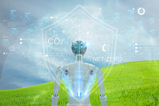 Artificial intelligence robot learning to protect the earth from greenhouse gas emissions target on earth. Nature onservation, Ecology, Social Responsibility and Sustainability. CO2 Net-Zero Emission