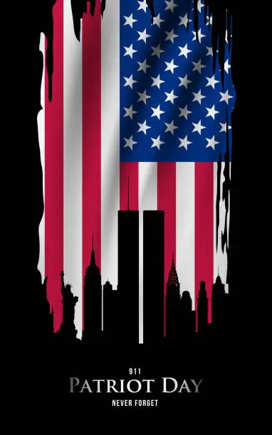 Vector illustration of Vertical banner in honor of Patriot day. New York Skyline with the US flag hanging in background. 911 never forget.