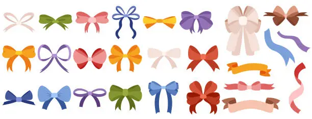 Vector illustration of Simple hand drawn ribbon bow collection. Bowknot for decoration, big set of bowtie.