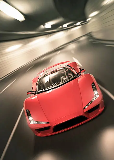 Front view of a red sports car speeding through a tunnel. Unique design, modelled entirely by myself. Very high resolution 3D render. All markings are ficticious.