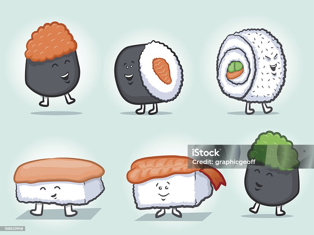 Sushi mascote dos personagens - Vetor de Almoço royalty-free