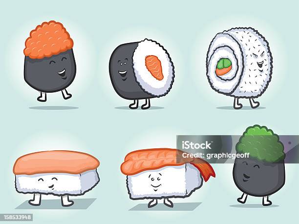 Vetores de Sushi Mascote Dos Personagens e mais imagens de Almoço - Almoço, Anguillidae, Arroz - Alimento básico