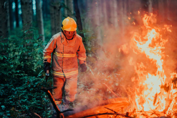 istock firefighter hero in action danger jumping over fire flame to rescue and save 1585342439