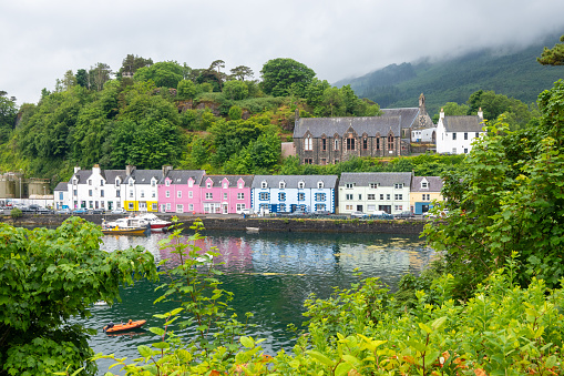 Colorful shops on the waterfront in Portee, Scotland on the Isle of Skye.