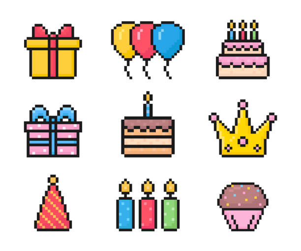 birthday pixel icons, celebration, 8 bit, 80s 90s old arcade game style, icons for game or mobile app, cake, crown, balloons, candle, gift, cupcake, vector illustration birthday pixel icons, celebration, 8 bit, 80s 90s old arcade game style, icons for game or mobile app, cake, crown, balloons, candle, gift, cupcake, vector illustration computer birthday stock illustrations