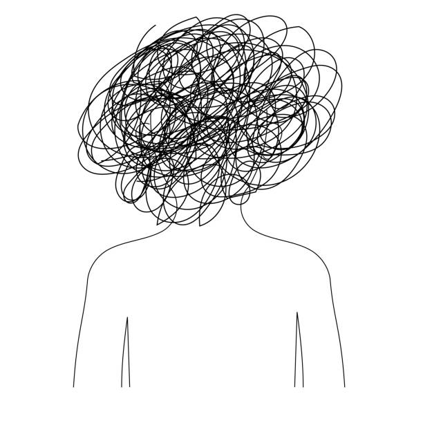 istock depressed man or woman illustration with tangled line art in the head 1585350715