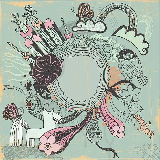 Vector illustration of Blank frame surrounded with variety of doodle animals and plants