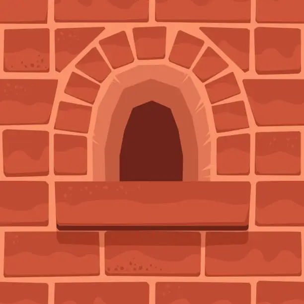 Vector illustration of Red Brick Wall With Embrasure Texture, Aged Old Background, Square Seamless Pattern