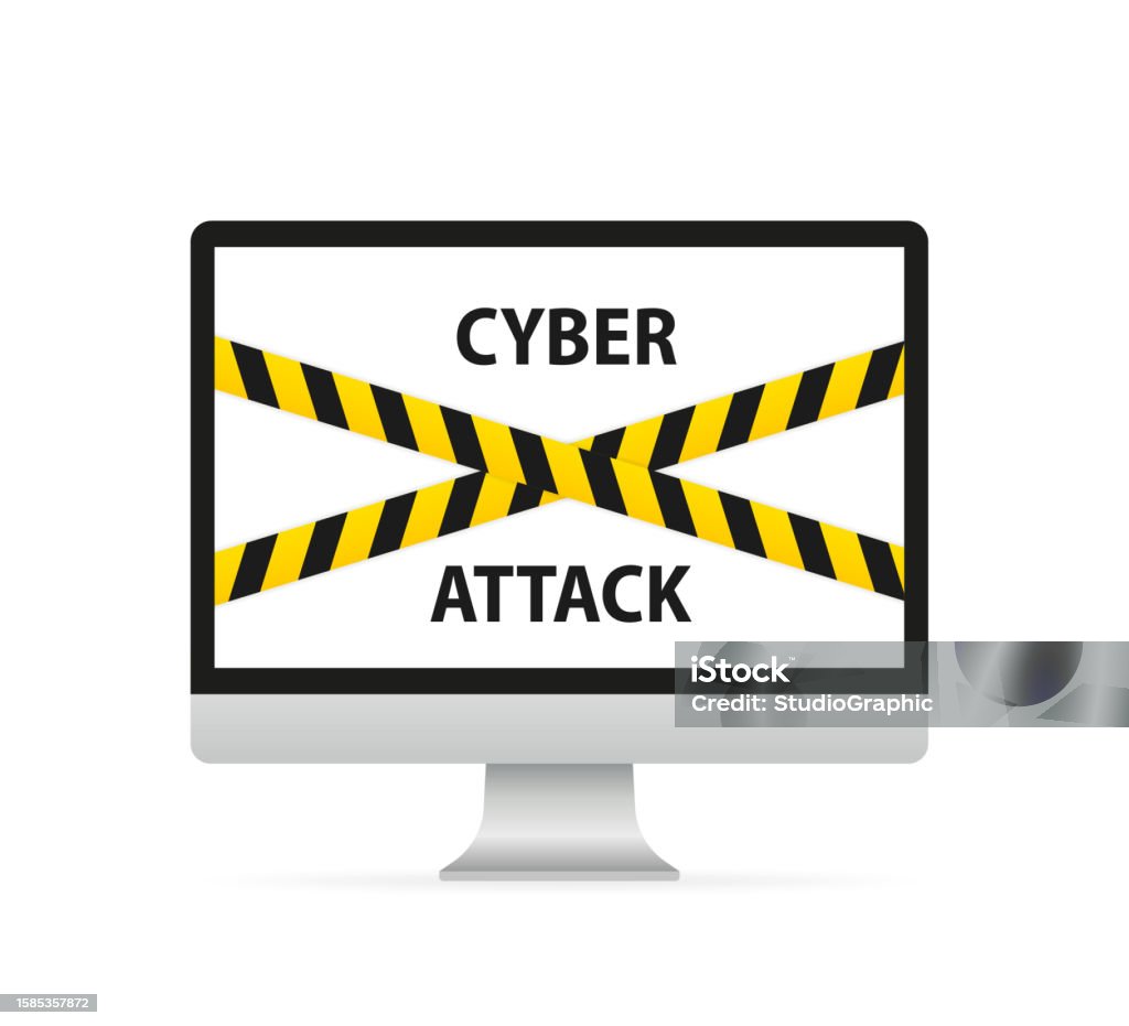 Attacking A Computer Cyber Attack Computer With Tape Computer Screen With Warning Tape ...