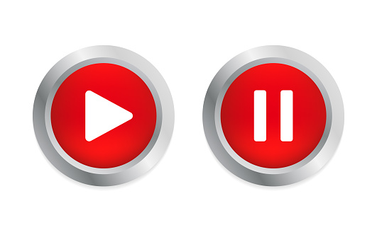 Play and pause glossy button. 3D flat button. Social media pause video in background. Red round play button for 3d pause multimedia with colorful concept of video, audio playback. Vector illustration