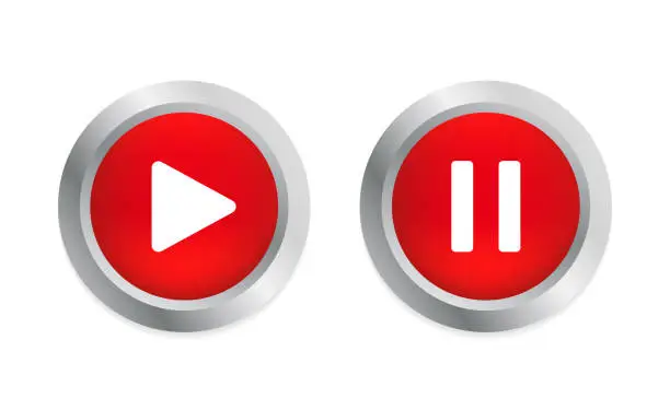 Vector illustration of Play and pause glossy button. 3D flat button. Social media pause video in background. Red round play button for 3d pause multimedia with colorful concept of video, audio playback. Vector illustration