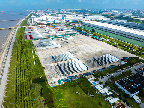 Aerial shot above a large group of objects at a commercial dock,shanghai,china.