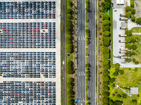 Large number of cars at parking lot,waiting for export at Shanghai port.