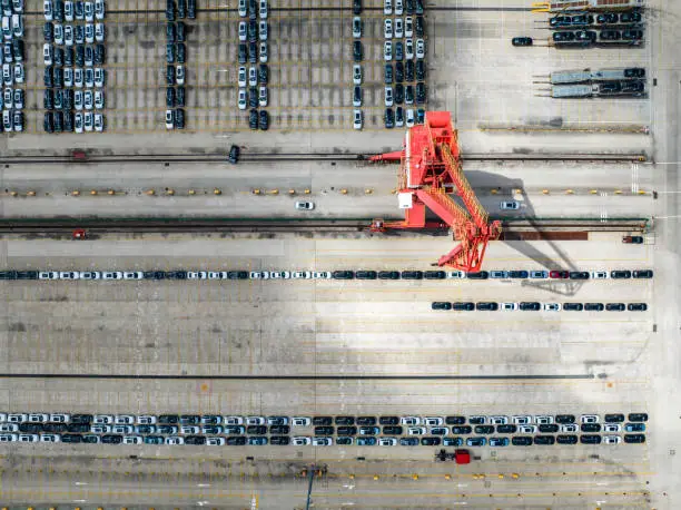 Photo of Aerial view of new cars lined up in the port for import and export