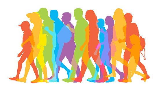 Silhouettes of moving people, crowd. Vector illustration.
