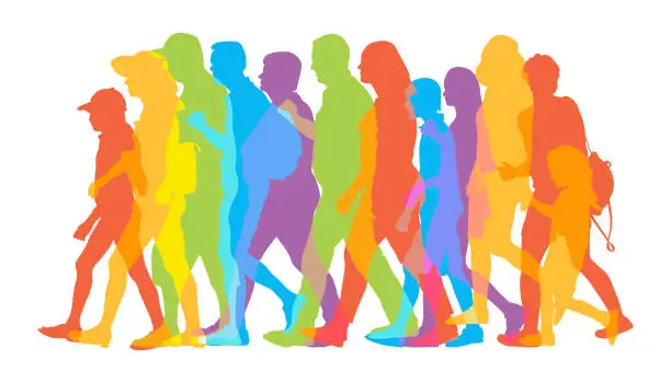 Vector illustration of Silhouettes of moving people, crowd. Vector illustration.