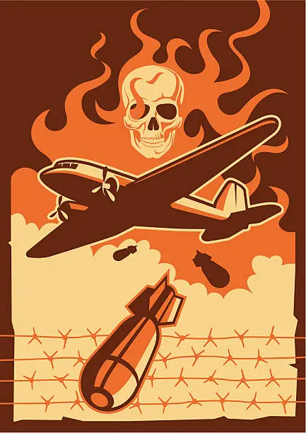 Vector illustration of Vintage orange and brown military aircraft and bomb graphic