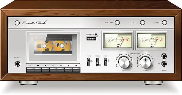 Vector illustration of Vintage HI-Fi analog stereo cassette tape deck recorder player vector