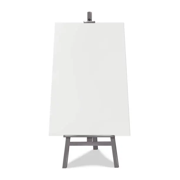 Vector illustration of Easel display stand with poster board vector mockup. Collapsible A-frame chalkboard, banner sign realistic mock-up