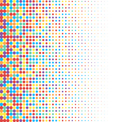 Rainbow colored circles with horizontal size gradient, random pattern