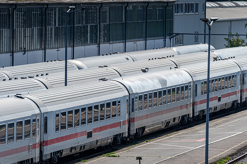 High angle view of passenger trains in a row, Berlin Friedrichshain