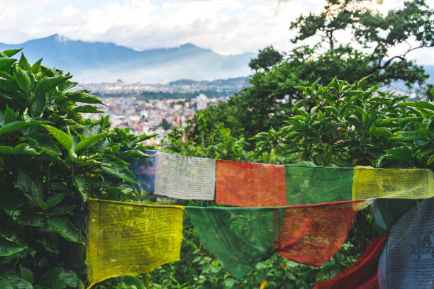 불교 기도 깃발과 산을 배경으로 한 네팔 카트만두의 도시 전망 - nepal buddha monkey temple tibet 뉴스 사진 이미지