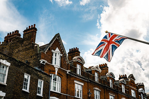 Union Jack flags hanging in the City of London