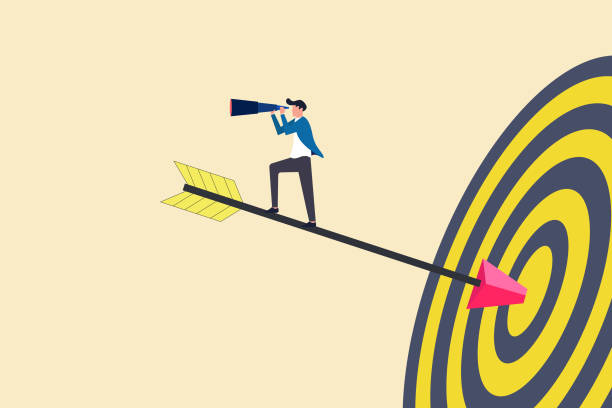 istock Businessman on arrow looking for target and successfully. advancement in career or business growth concept. Aspiration and motivation 1585398418