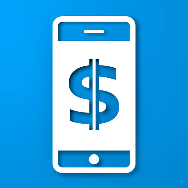 White Paper Cut Mobile Phone with Dollar Sign App Icon on Screen on a blue background. 3d Rendering