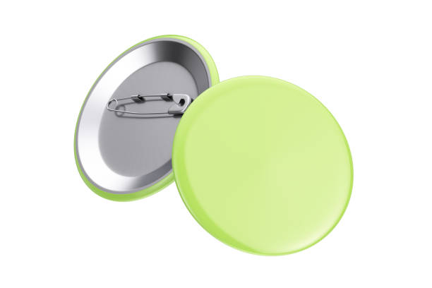 istock Front and Back View of Green Button Badges Mockup. 3d Rendering 1585398676