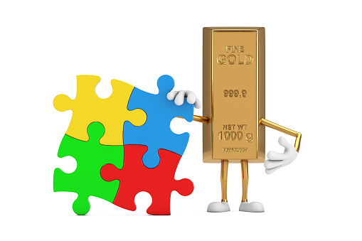 Golden Bar Cartoon Person Character Mascot with Four Pieces of Colorful Jigsaw Puzzle on a white background. 3d Rendering