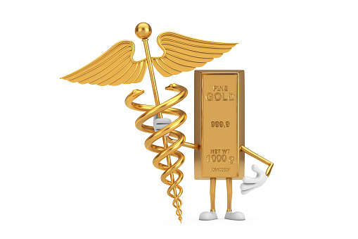 Golden Bar Cartoon Person Character Mascot with Golden Medical Caduceus Symbol on a white background. 3d Rendering