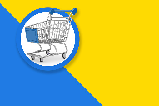Shopping Cart Label Tag with Free Space for Your Design on a yellow and blue background. 3d Rendering