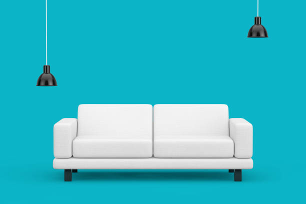istock White Simple Modern Sofa Furniture with Black Ceiling Lamp. 3d Rendering 1585401825