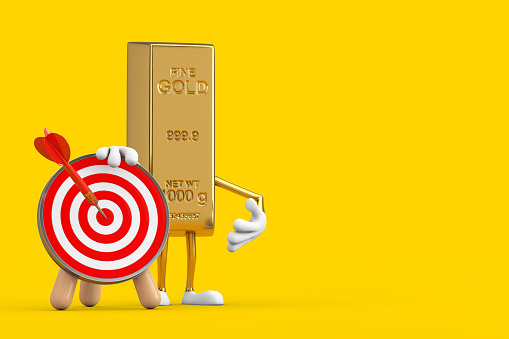 Golden Bar Cartoon Person Character Mascot with Archery Target and Dart in Center on a yellow background. 3d Rendering