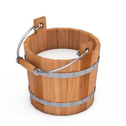 Wooden Bucket Filled with Fresh Milk on a white background. 3d Rendering