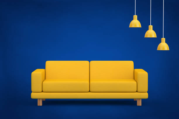 istock Yellow Simple Modern Sofa Furniture with Yellow Ceiling Lamp. 3d Rendering 1585402992