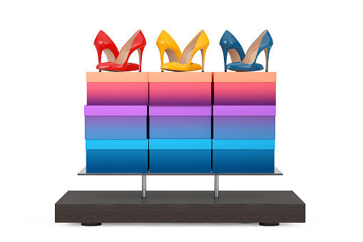 Store Product Display Showcase Rack Shelves with Woman Shoe Boxes and High Heels Wooman Shooes on a white background. 3d Rendering